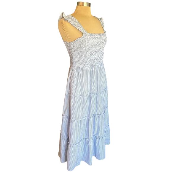J Crew Blue White Stripe Smocked Tiered Midi Dress Size M Coastal Sundress Beach - Picture 2 of 10